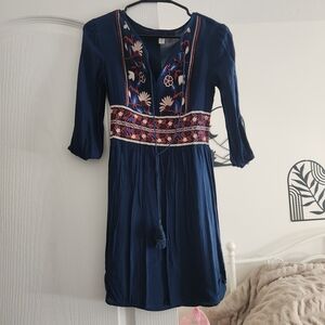 Blue Rain Navy Dress with Colorful Embroidery